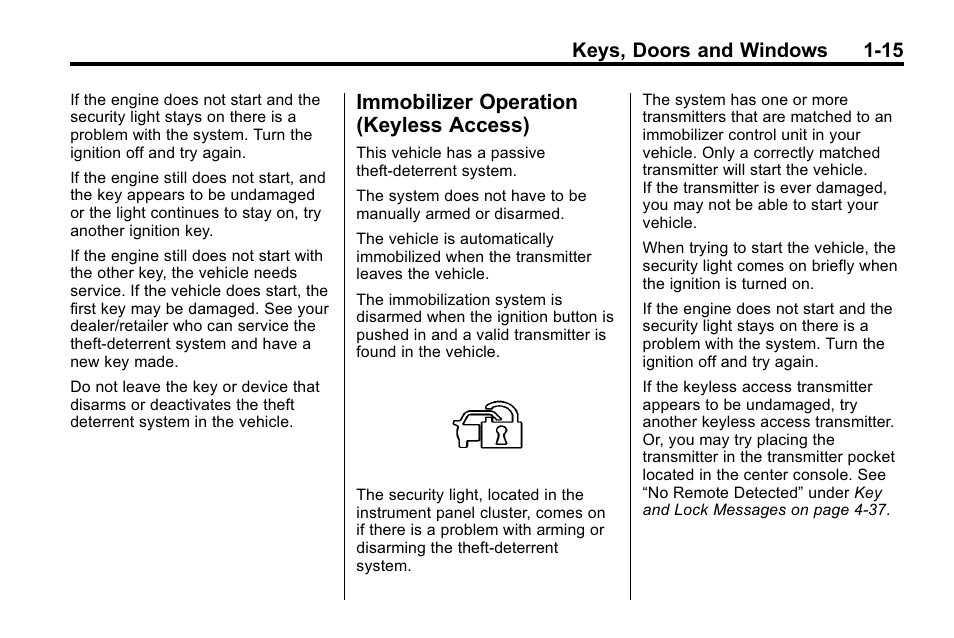 Immobilizer operation (keyless access), Immobilizer operation, Keyless access) -15 | Keys, doors and windows 1-15 | Buick 2010 Lacrosse User Manual | Page 21 / 420