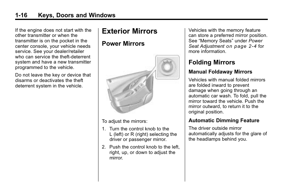 Exterior mirrors, Power mirrors, Folding mirrors | Exterior mirrors -16, Indicators, Power mirrors -16 folding mirrors -16 | Buick 2010 Lacrosse User Manual | Page 22 / 420