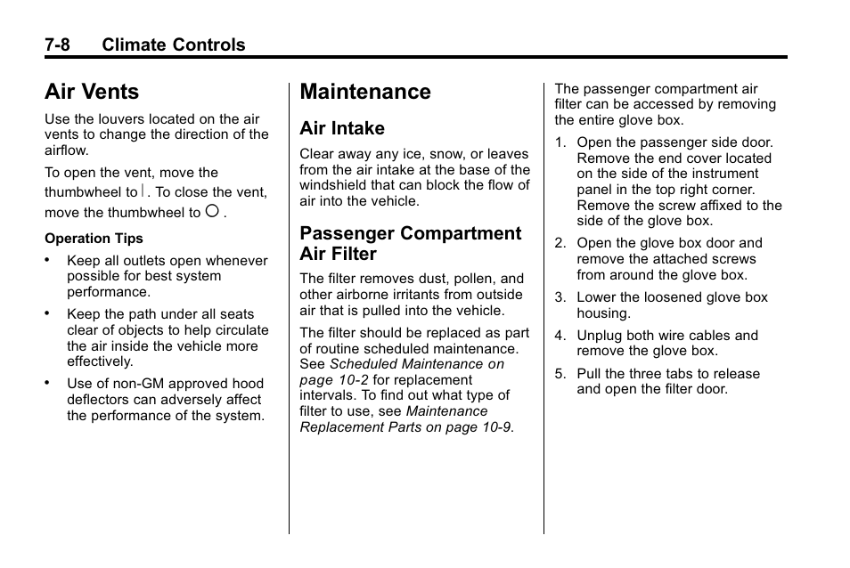 Air vents, Maintenance, Air intake | Passenger compartment air filter, 8 maintenance -8, Air vents -8, Air intake -8 passenger compartment air, Filter -8, 8 climate controls | Buick 2010 Lacrosse User Manual | Page 222 / 420
