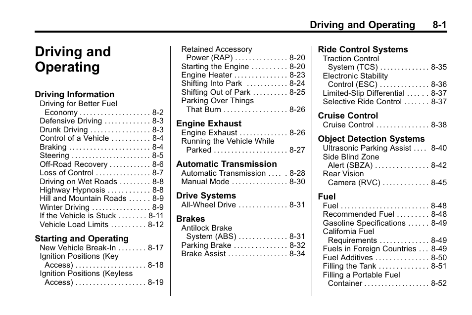 Driving and operating, Driving and operating 8-1 | Buick 2010 Lacrosse User Manual | Page 225 / 420