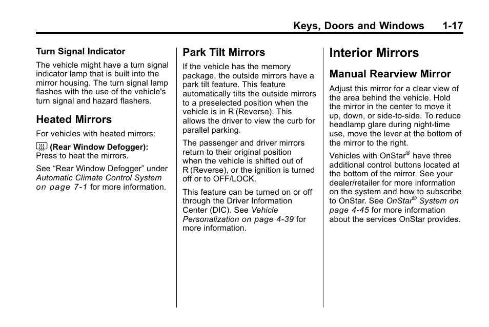 Heated mirrors, Park tilt mirrors, Interior mirrors | Manual rearview mirror, Interior mirrors -17, Mirrors -17 park tilt mirrors -17, Manual rearview mirror -17, Keys, doors and windows 1-17 | Buick 2010 Lacrosse User Manual | Page 23 / 420