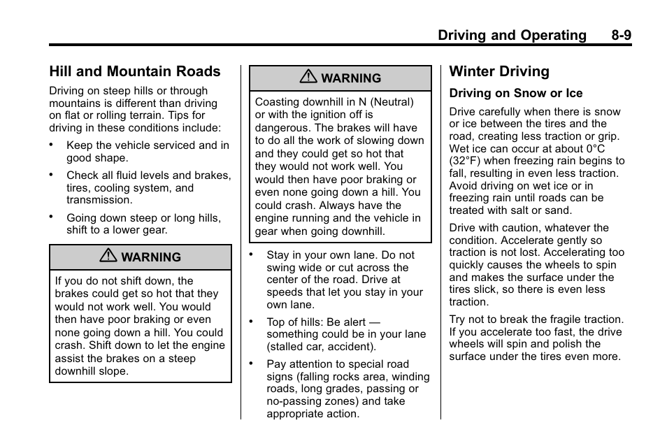 Hill and mountain roads, Winter driving, Hill and mountain roads -9 winter driving -9 | All-wheel, Driving and operating 8-9 | Buick 2010 Lacrosse User Manual | Page 233 / 420