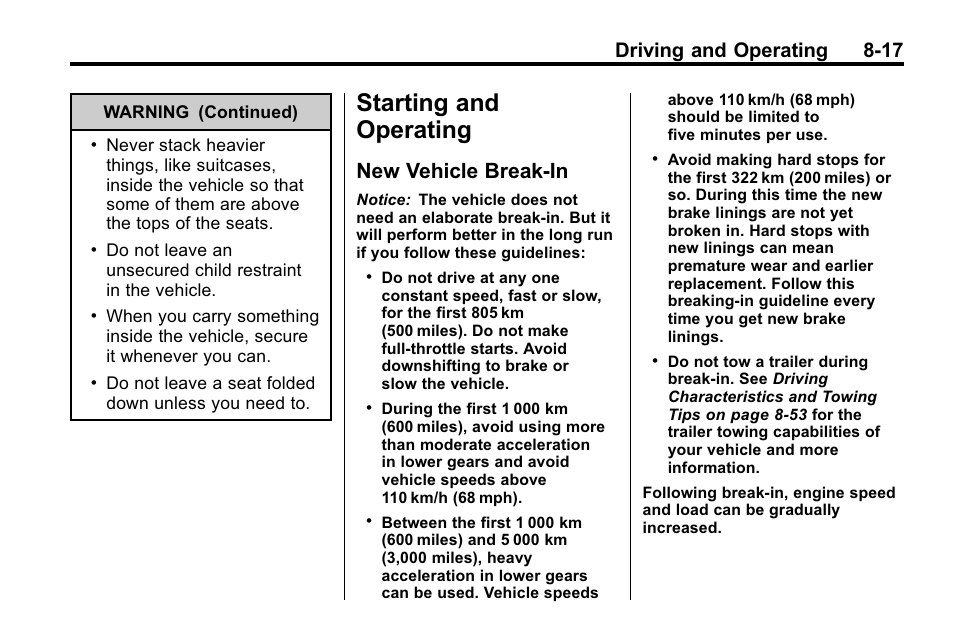 Starting and operating, New vehicle break-in, New vehicle break-in -17 | Driving and operating 8-17 | Buick 2010 Lacrosse User Manual | Page 241 / 420