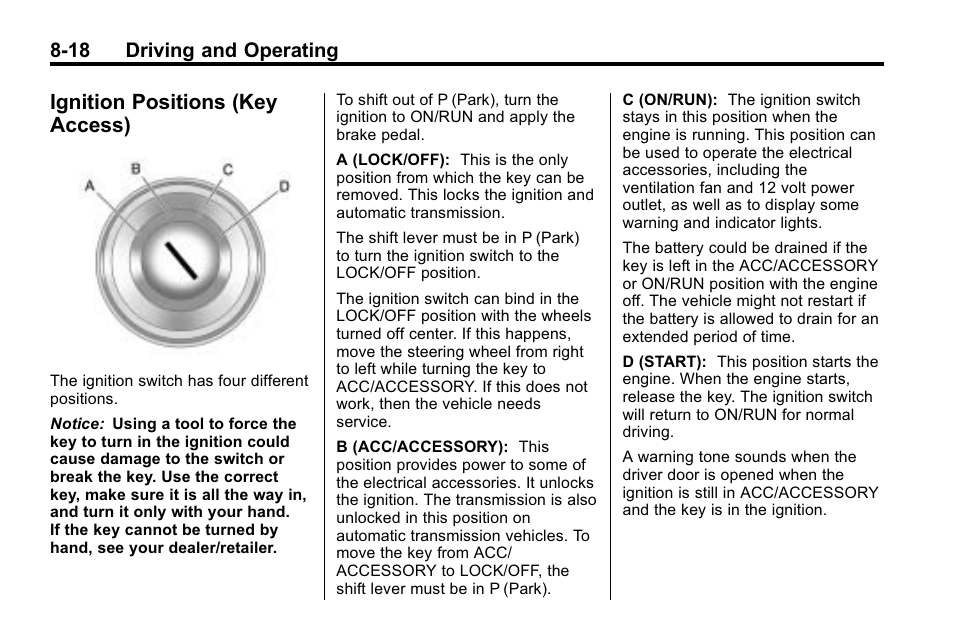 Ignition positions (key access), Ignition positions (key, Access) -18 | 18 driving and operating | Buick 2010 Lacrosse User Manual | Page 242 / 420