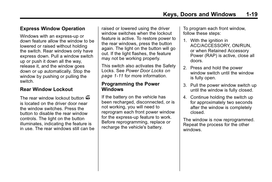 Keys, doors and windows 1-19 | Buick 2010 Lacrosse User Manual | Page 25 / 420
