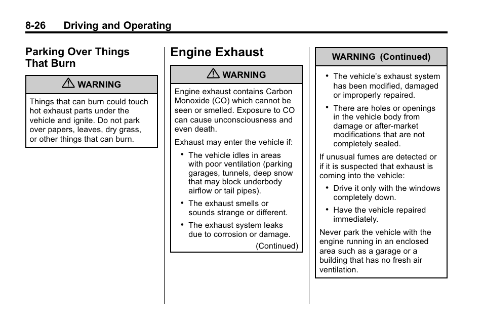 Parking over things that burn, Engine exhaust, Exhaust -26 | Parking over things, That burn -26, Engine exhaust -26, 26 driving and operating | Buick 2010 Lacrosse User Manual | Page 250 / 420