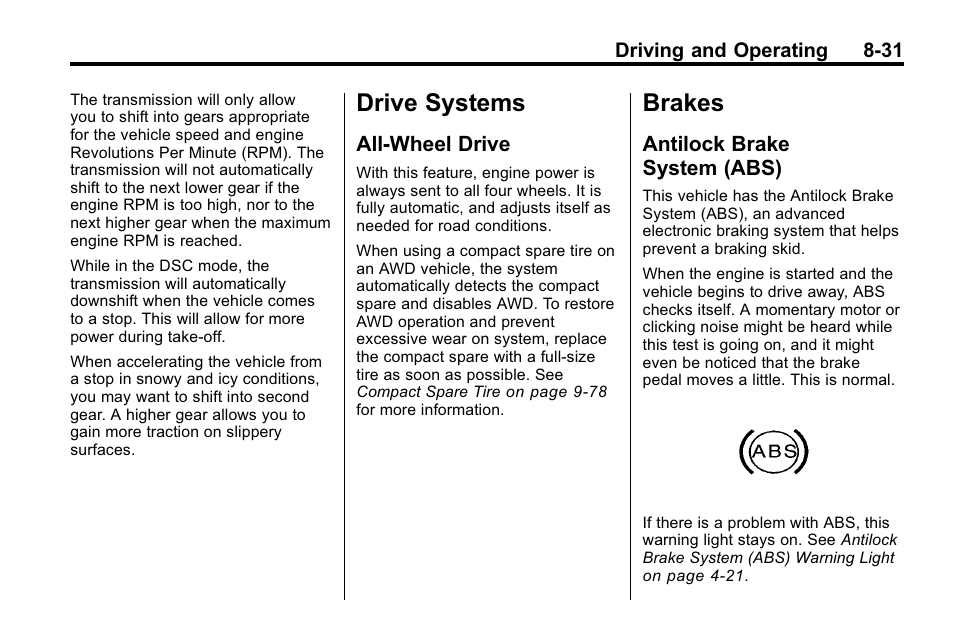 Drive systems, All-wheel drive, Brakes | Antilock brake system (abs), Drive systems -31 brakes -31, Drive -31, Brake, System (abs) -31 | Buick 2010 Lacrosse User Manual | Page 255 / 420