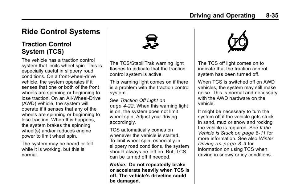 Ride control systems, Traction control system (tcs), Traction control | System (tcs) -35 | Buick 2010 Lacrosse User Manual | Page 259 / 420