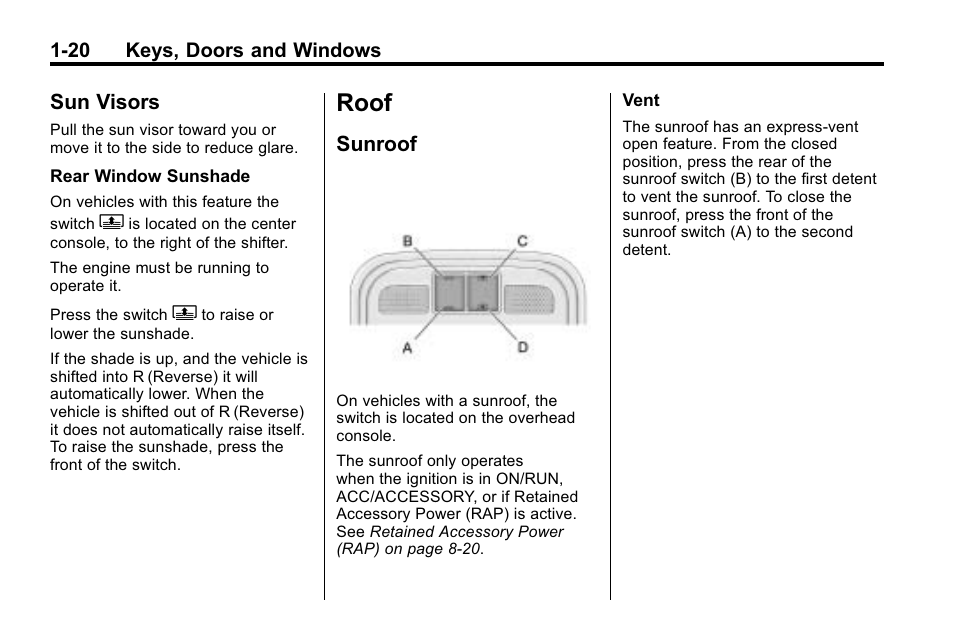 Sun visors, Roof, Sunroof | Roof -20, Vehicle, Sun visors -20, Sunroof -20 | Buick 2010 Lacrosse User Manual | Page 26 / 420