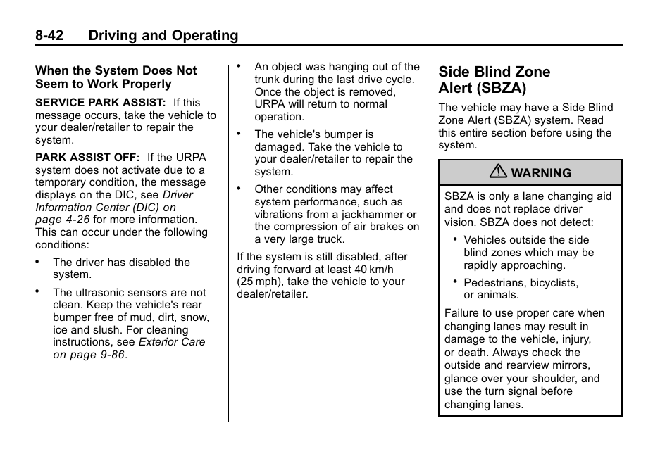 Side blind zone alert (sbza), Side blind zone, Alert (sbza) -42 | 42 driving and operating | Buick 2010 Lacrosse User Manual | Page 266 / 420
