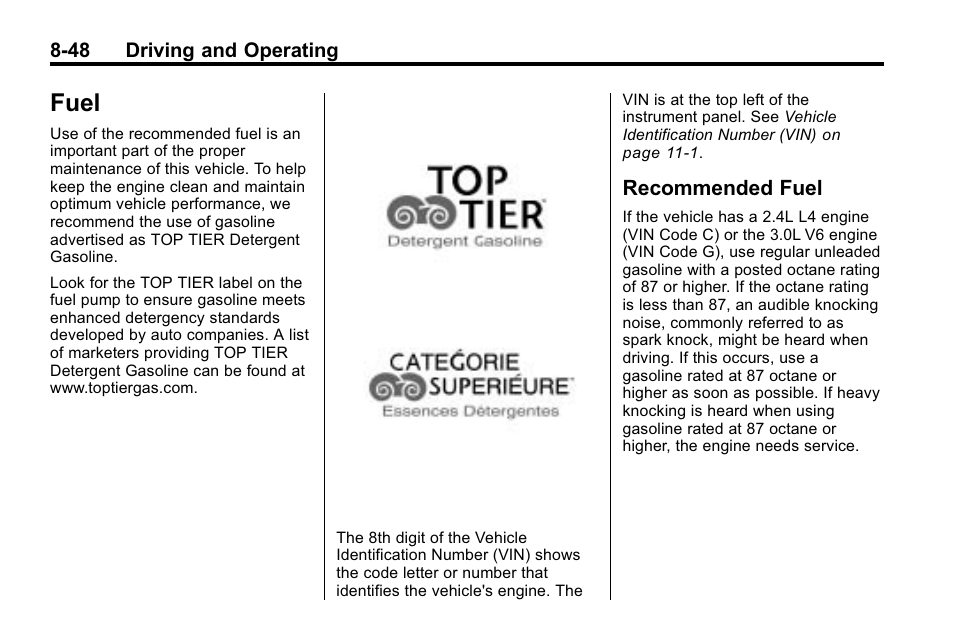 Fuel, Recommended fuel, Fuel -48 | Fuel -48 recommended fuel -48 | Buick 2010 Lacrosse User Manual | Page 272 / 420