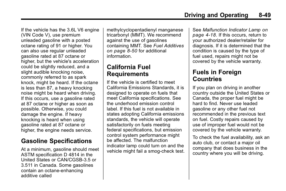 Gasoline specifications, California fuel requirements, Fuels in foreign countries | Gasoline specifications -49 california fuel, Requirements -49, In foreign countries -49 | Buick 2010 Lacrosse User Manual | Page 273 / 420