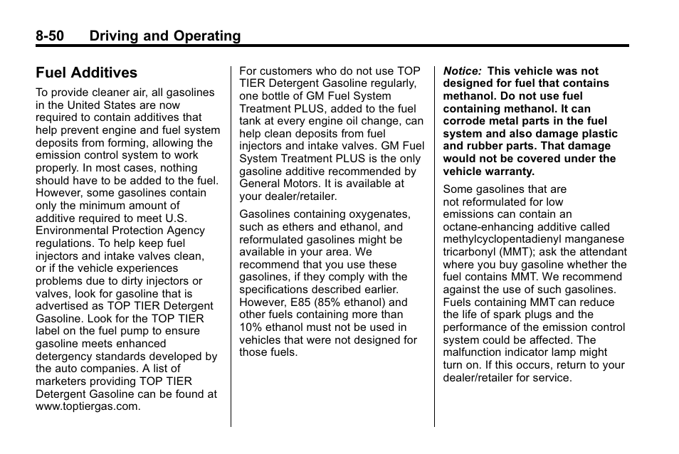 Fuel additives, Fuel additives -50 | Buick 2010 Lacrosse User Manual | Page 274 / 420