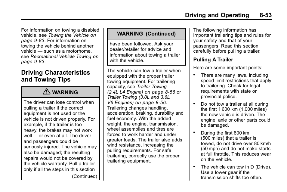 Driving characteristics and towing tips, Driving characteristics and, Towing tips -53 | Economy, Driving and operating 8-53 | Buick 2010 Lacrosse User Manual | Page 277 / 420