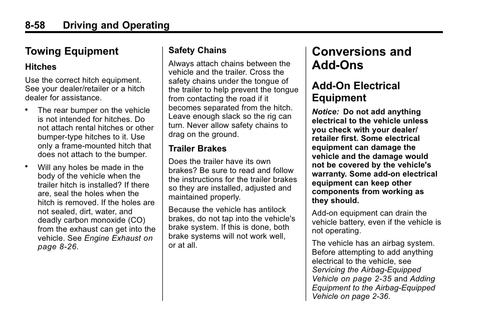 Towing equipment, Conversions and add-ons, Add-on electrical equipment | Towing equipment -58, Add-on electrical, Equipment -58, 58 driving and operating | Buick 2010 Lacrosse User Manual | Page 282 / 420