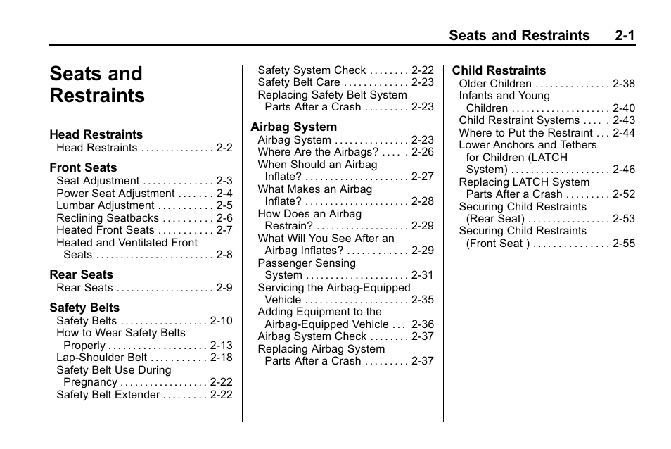 Seats and restraints, Seats and restraints -1, Seats and restraints 2-1 | Buick 2010 Lacrosse User Manual | Page 29 / 420