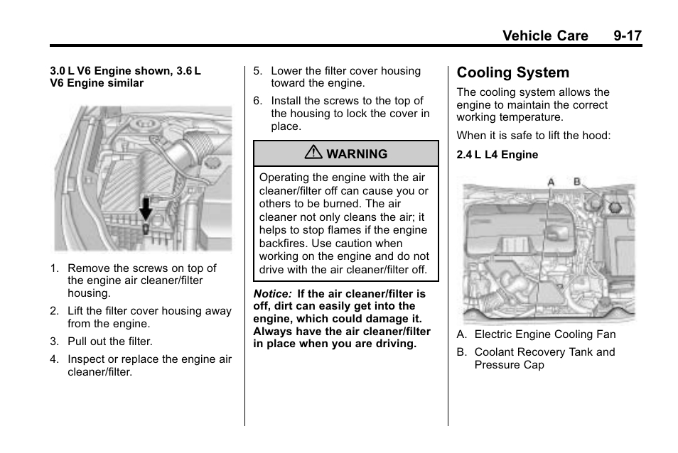 Cooling system, Cooling system -17, Vehicle care 9-17 | Buick 2010 Lacrosse User Manual | Page 299 / 420