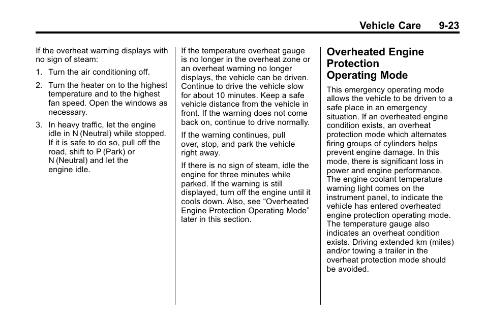 Overheated engine protection operating mode, Overheated engine protection, Operating mode -23 | Vehicle care 9-23 | Buick 2010 Lacrosse User Manual | Page 305 / 420