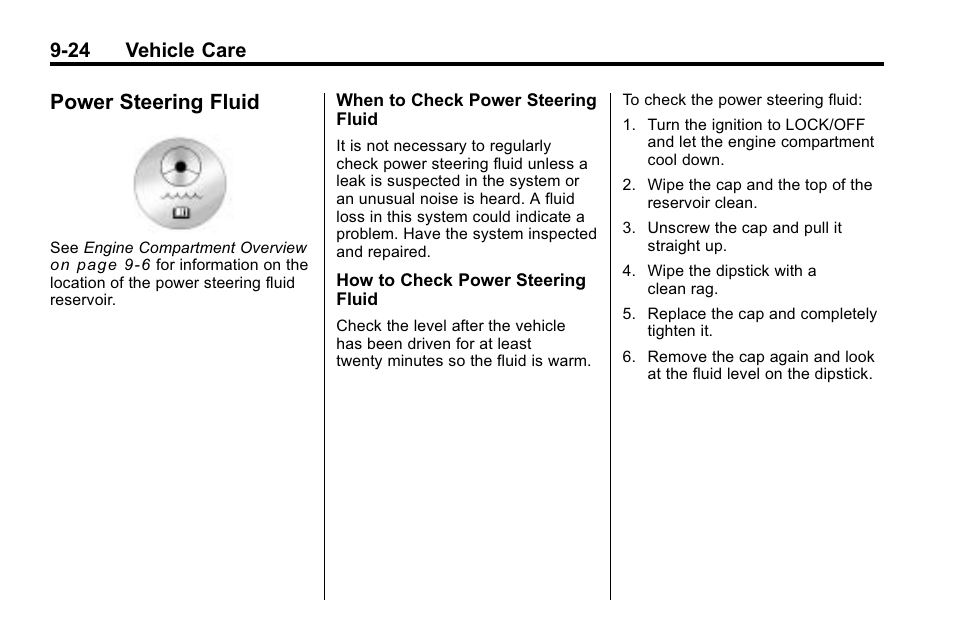 Power steering fluid, Power steering fluid -24, Lamps | 24 vehicle care | Buick 2010 Lacrosse User Manual | Page 306 / 420