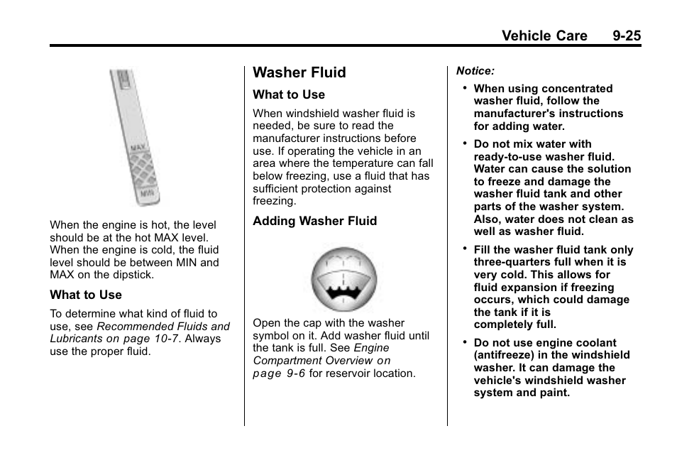 Washer fluid, Washer fluid -25, License | Vehicle care 9-25 | Buick 2010 Lacrosse User Manual | Page 307 / 420
