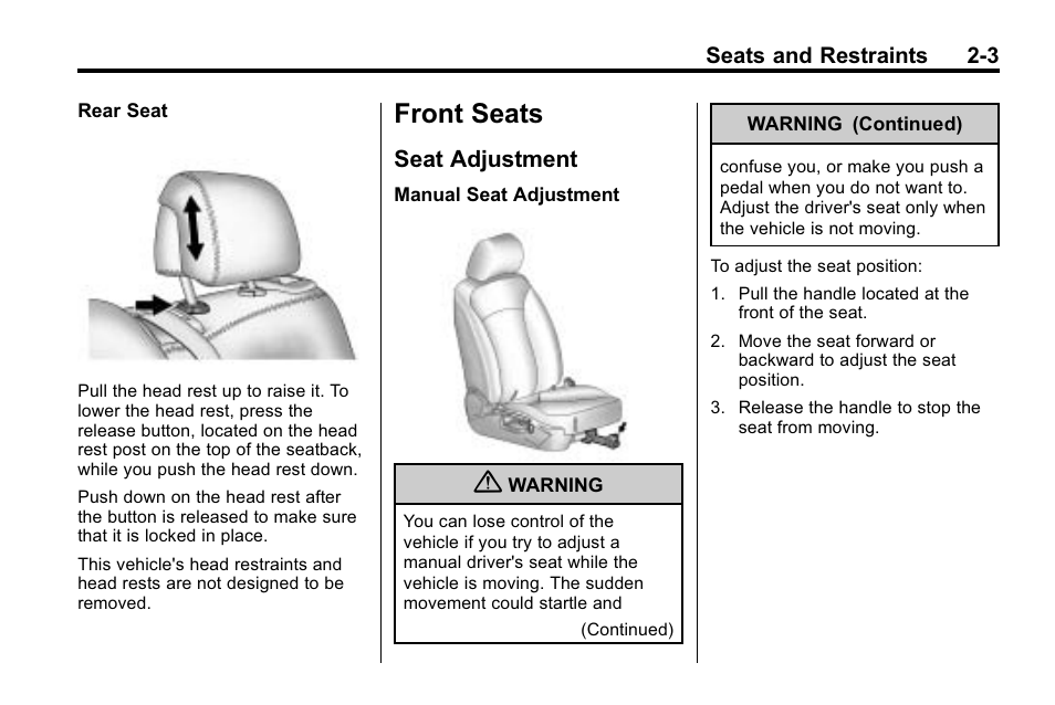 Front seats, Seat adjustment, Front seats -3 | Lighting, Seat adjustment -3 | Buick 2010 Lacrosse User Manual | Page 31 / 420