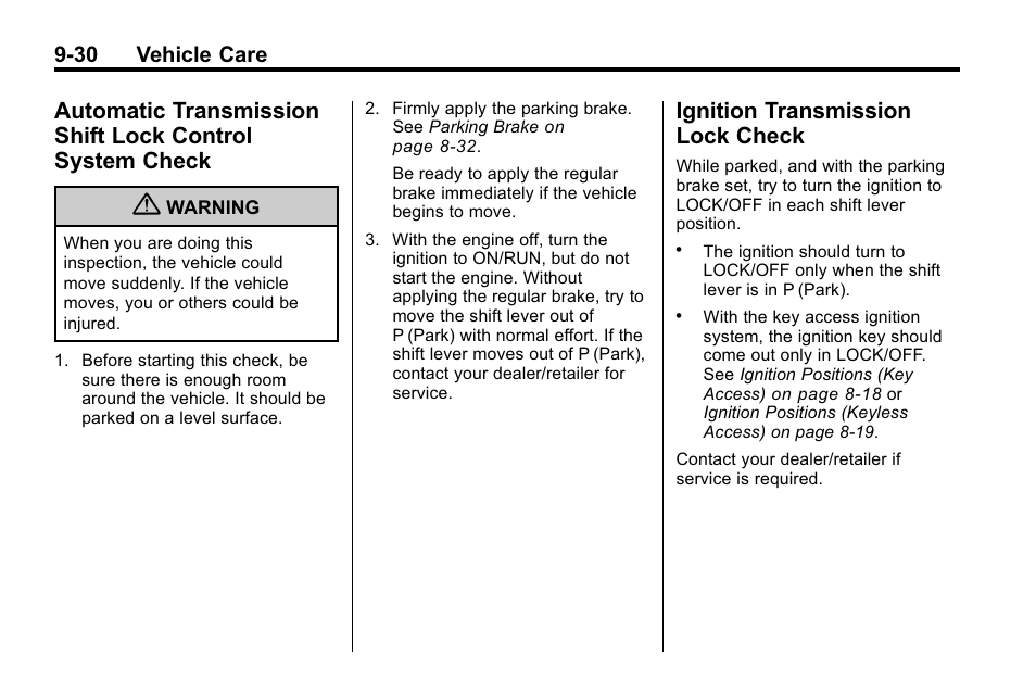 Ignition transmission lock check, Automatic transmission shift, Lock control system check -30 | Ignition transmission lock, Check -30, 30 vehicle care | Buick 2010 Lacrosse User Manual | Page 312 / 420