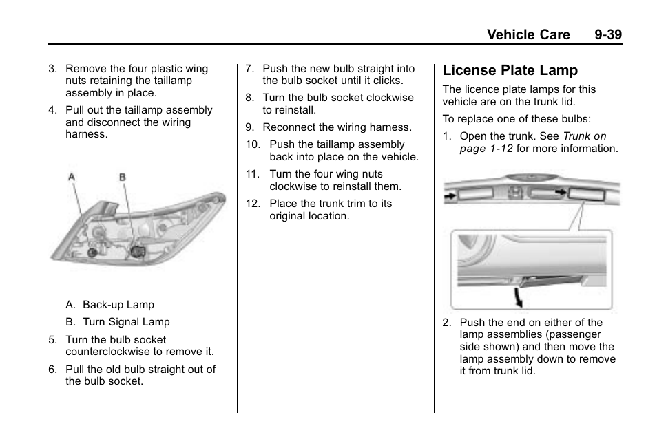 License plate lamp, Plate lamp -39, Vehicle care 9-39 | Buick 2010 Lacrosse User Manual | Page 321 / 420