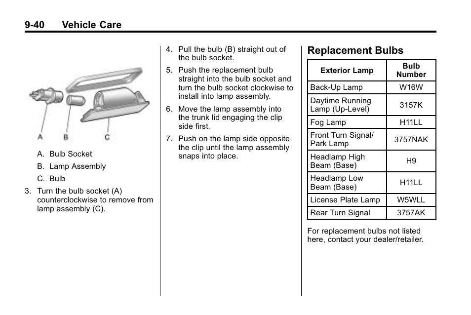 Replacement bulbs, Bulbs -40, 40 vehicle care | Buick 2010 Lacrosse User Manual | Page 322 / 420