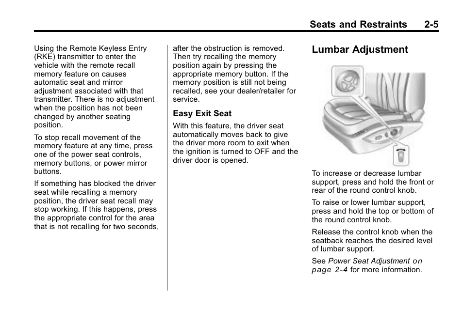 Lumbar adjustment, Lumbar adjustment -5, Seats and restraints 2-5 | Buick 2010 Lacrosse User Manual | Page 33 / 420