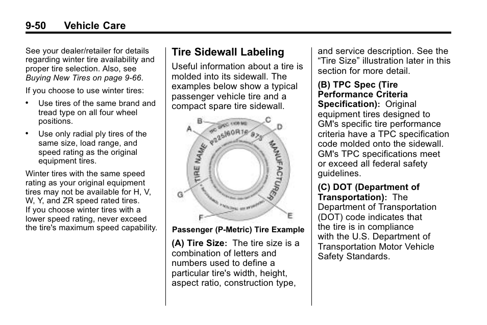 Tire sidewall labeling, Tire sidewall labeling -50, 50 vehicle care | Buick 2010 Lacrosse User Manual | Page 332 / 420