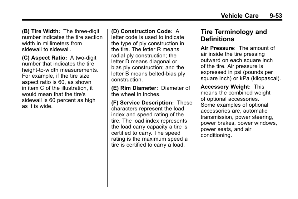 Tire terminology and definitions, Tire terminology and, Definitions -53 | Buick 2010 Lacrosse User Manual | Page 335 / 420