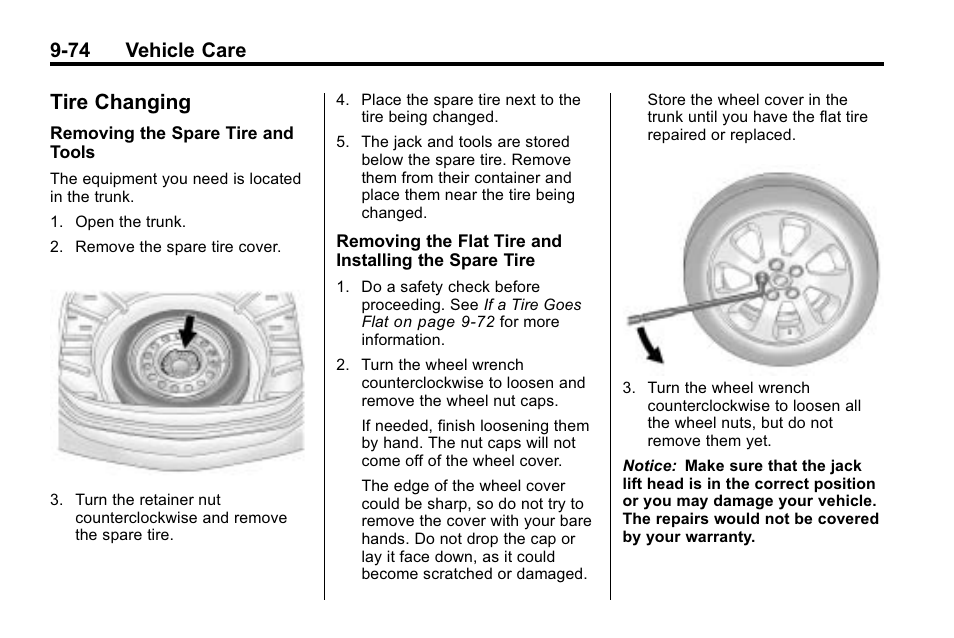 Tire changing, Tire changing -74, 74 vehicle care | Buick 2010 Lacrosse User Manual | Page 356 / 420