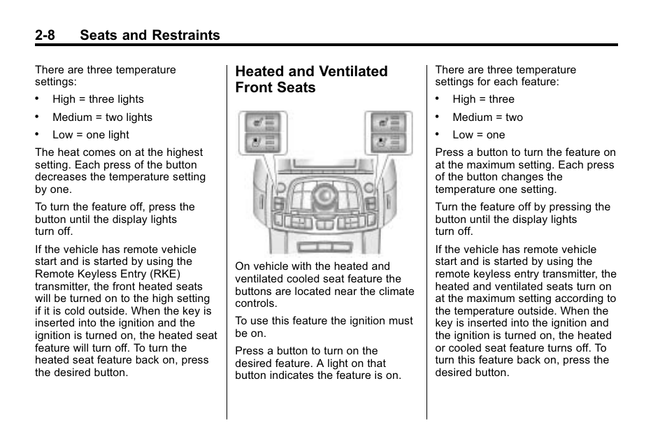 Heated and ventilated front seats, Heated and ventilated front, Seats -8 | 8 seats and restraints | Buick 2010 Lacrosse User Manual | Page 36 / 420