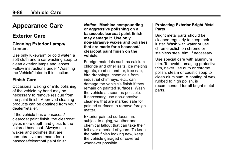 Appearance care, Exterior care, Appearance care -86 | Exterior care -86 | Buick 2010 Lacrosse User Manual | Page 368 / 420