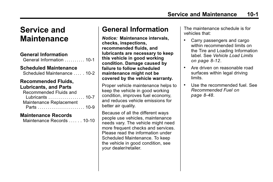 Service and maintenance, General information, Service and maintenance -1 | General information -1, Service and maintenance 10-1 | Buick 2010 Lacrosse User Manual | Page 377 / 420