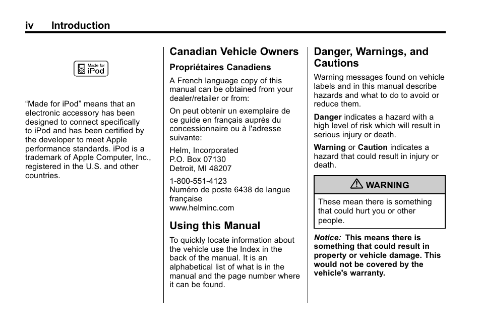 Canadian vehicle owners, Using this manual, Danger, warnings, and cautions | Buick 2010 Lacrosse User Manual | Page 4 / 420