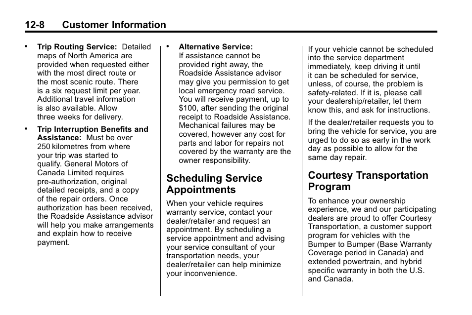 Scheduling service appointments, Courtesy transportation program, Scheduling service | Appointments -8, Courtesy transportation, Program -8, 8 customer information | Buick 2010 Lacrosse User Manual | Page 400 / 420