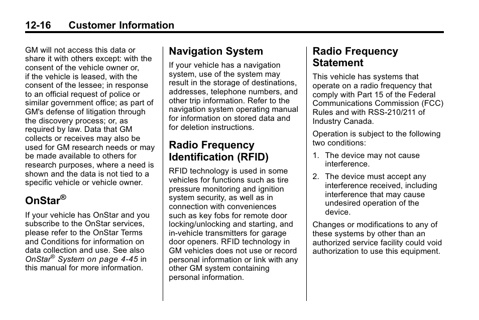 Onstar, Navigation system, Radio frequency identification (rfid) | Radio frequency statement, System -16 radio frequency, Identification (rfid) -16, Radio frequency, Statement -16, 16 customer information | Buick 2010 Lacrosse User Manual | Page 408 / 420