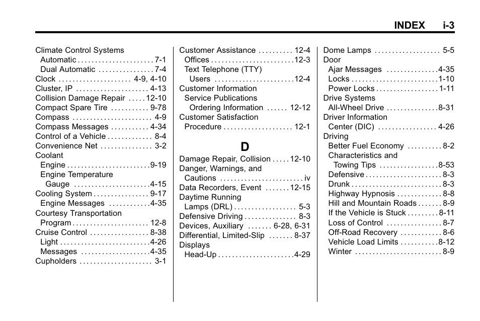 Index_d, Index i-3 | Buick 2010 Lacrosse User Manual | Page 411 / 420