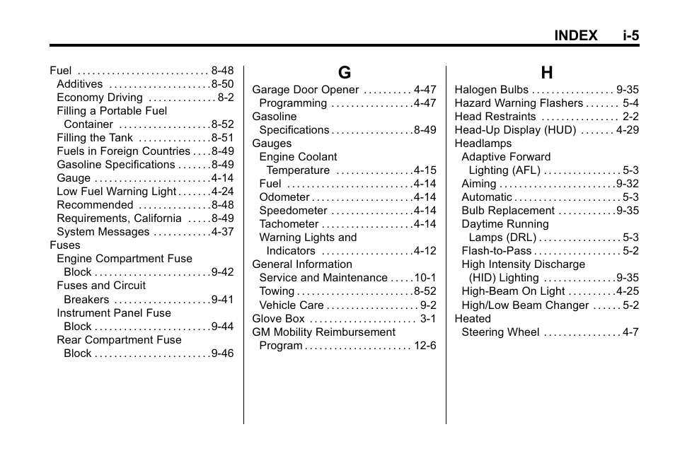 Index_g, Index_h, Index i-5 | Buick 2010 Lacrosse User Manual | Page 413 / 420