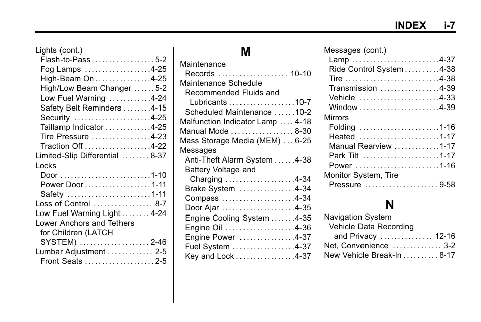 Index_m, Index_n, Index i-7 | Buick 2010 Lacrosse User Manual | Page 415 / 420