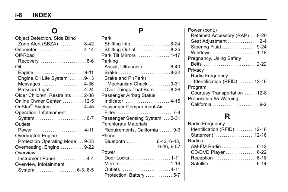 Index_o, Index_p, Index_r | I-8 index | Buick 2010 Lacrosse User Manual | Page 416 / 420