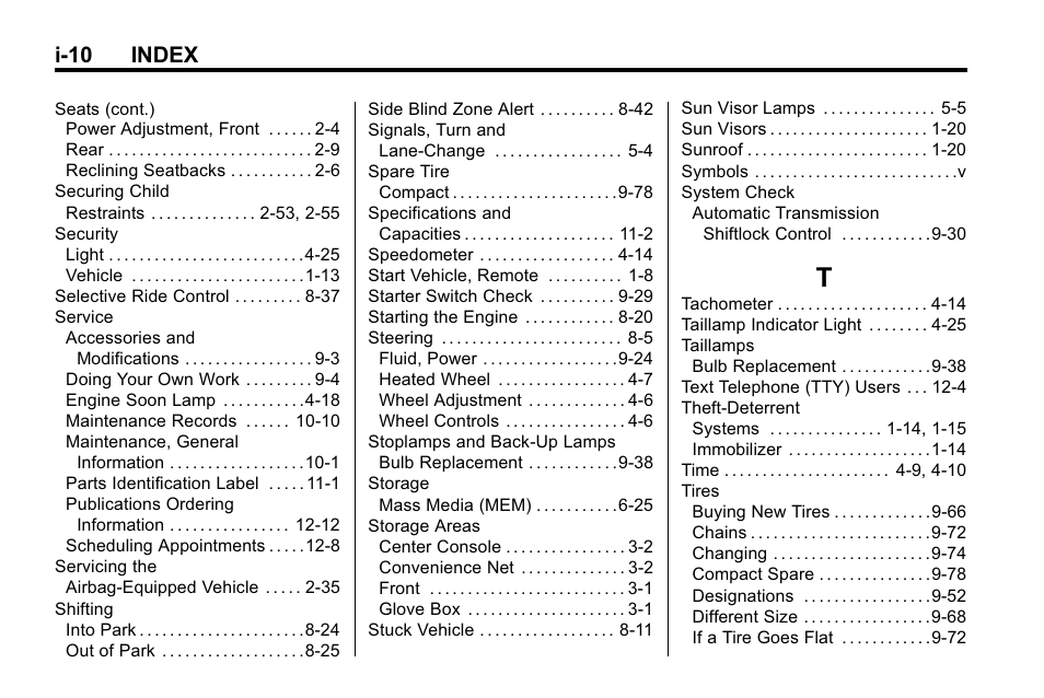 Index_t, I-10 index | Buick 2010 Lacrosse User Manual | Page 418 / 420