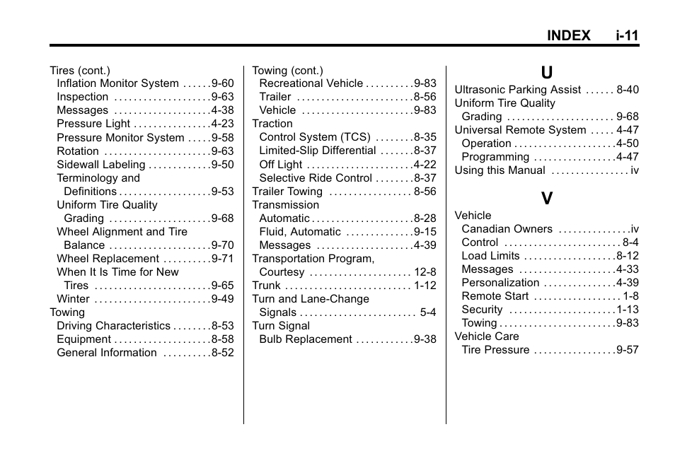 Index_u, Index_v, Index i-11 | Buick 2010 Lacrosse User Manual | Page 419 / 420