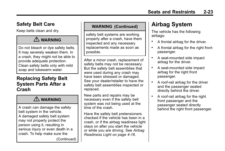 Safety belt care, Replacing safety belt system parts after a crash, Airbag system | Airbag system -23, Lighting features, Safety belt care -23 replacing safety belt system, Parts after a crash -23, Seats and restraints 2-23 | Buick 2010 Lacrosse User Manual | Page 51 / 420