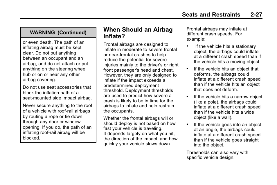 When should an airbag inflate, When should an airbag, Inflate? -27 | Seats and restraints 2-27 | Buick 2010 Lacrosse User Manual | Page 55 / 420