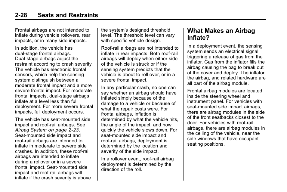 What makes an airbag inflate, Makes an airbag, Inflate? -28 | 28 seats and restraints | Buick 2010 Lacrosse User Manual | Page 56 / 420