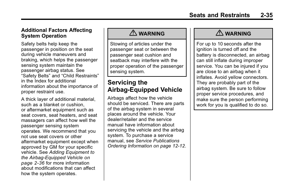 Servicing the airbag-equipped vehicle, Servicing the airbag-equipped, Vehicle -35 | Buick 2010 Lacrosse User Manual | Page 63 / 420
