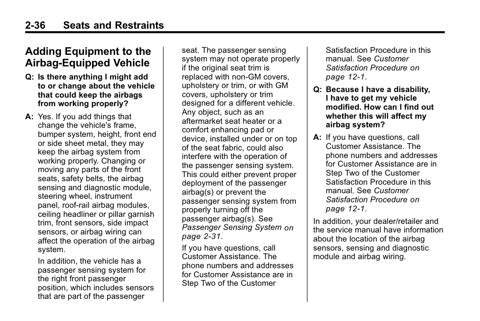 Adding equipment to the airbag-equipped vehicle, Adding equipment to the, Airbag-equipped vehicle -36 | 36 seats and restraints | Buick 2010 Lacrosse User Manual | Page 64 / 420