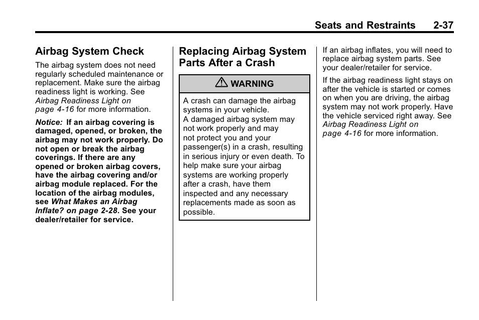 Airbag system check, Replacing airbag system parts after a crash, Airbag system check -37 replacing airbag system | After a crash -37 | Buick 2010 Lacrosse User Manual | Page 65 / 420